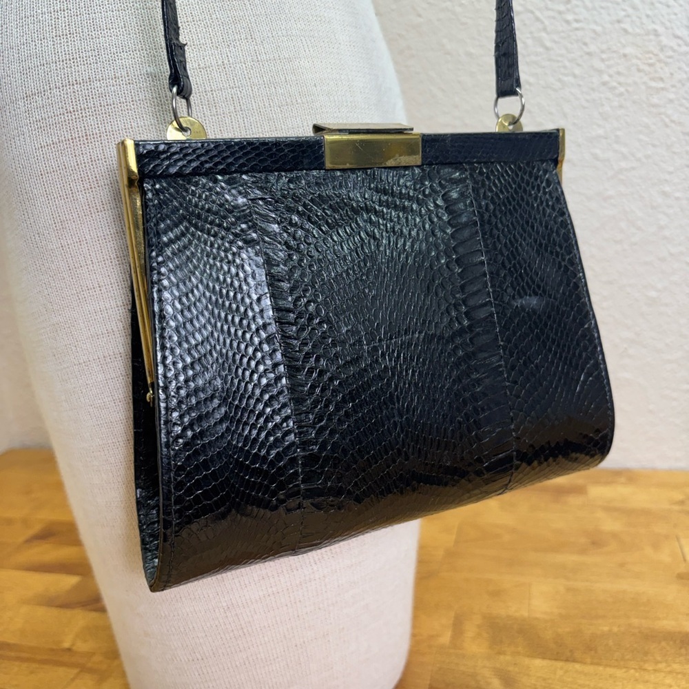 Vintage Black Genuine Lizard Skin Frame Bag - Suede Lined - Picture 7 of 13